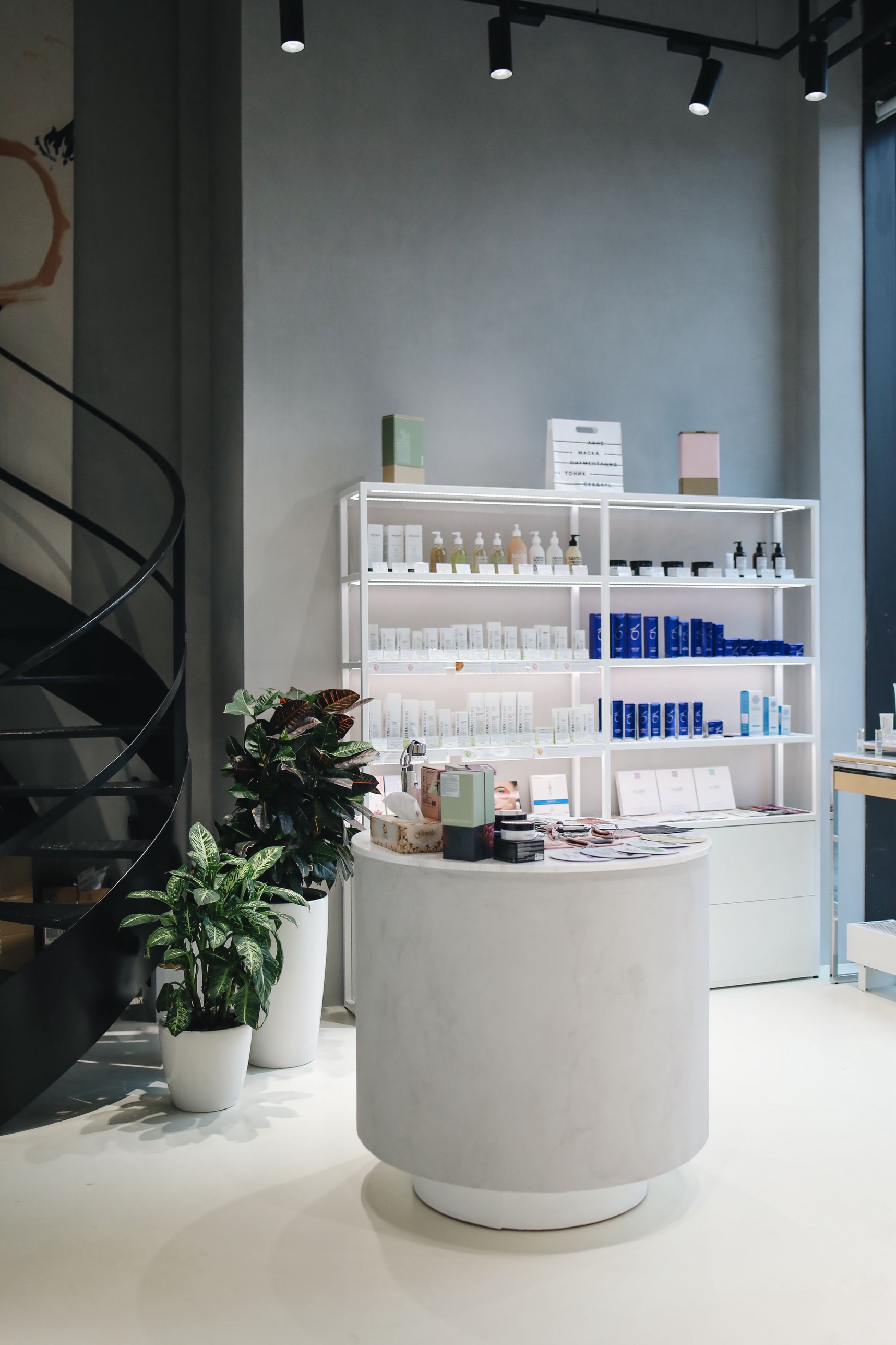 A med spa retail interior with skincare products displayed on shelving